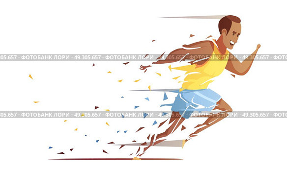 Track Athlete Shredding Concept. Runner man action retro cartoon composition with male human character of trackman athlete falling into pieces vector illustration. Стоковая иллюстрация, агентство Ingram Publishing / Фотобанк Лори
