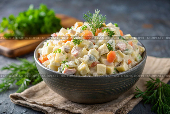 Traditional Russian Olivier salad for a feast on a plate on a wooden countertop. generative AI. Стоковое AI-изображение, AI-художник Photojuli / Фотобанк Лори
