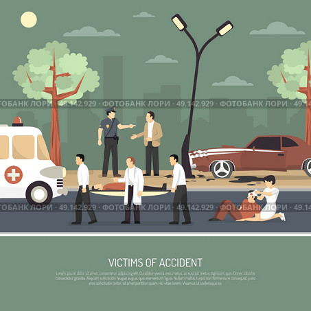 Traffic Accident First Aid Flat Poster. First aid on spot assistance for traffic accident victims flat poster with ambulance policeman and driver vector illustration. Стоковая иллюстрация, агентство Ingram Publishing / Фотобанк Лори
