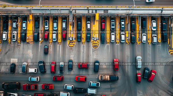 Traffic congestion at a busy toll plaza during the late afternoon rush hour with a mix of vehicles lining up for payment. Стоковое AI-изображение, AI-художник Сергей Толмачёв / Фотобанк Лори