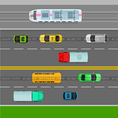 Traffic Flows on Left Side of Road. Two Way Lane.. Traffic flows on left side of road. Two way lane. Truck, trolleybus bus car, taxi on the road. Auto transport banner. Transportation system. Structural road design. Line markings. Vector Illustration. Стоковая иллюстрация, агентство Ingram Publishing / Фотобанк Лори