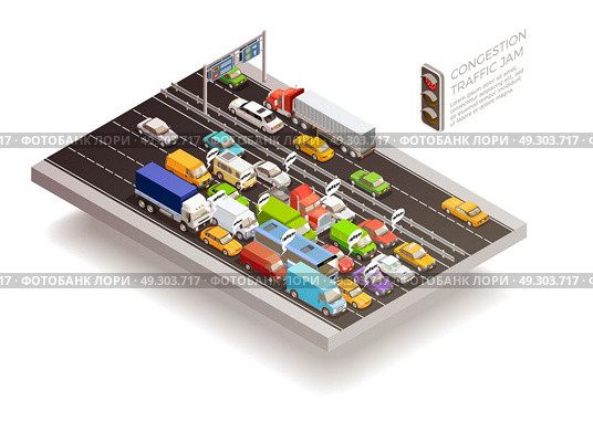 Traffic Jam Isometric Design Concept . Traffic jam isometric top view design concept with stoplight cars and trucks on multilane roadway vector illustration  . Стоковая иллюстрация, агентство Ingram Publishing / Фотобанк Лори