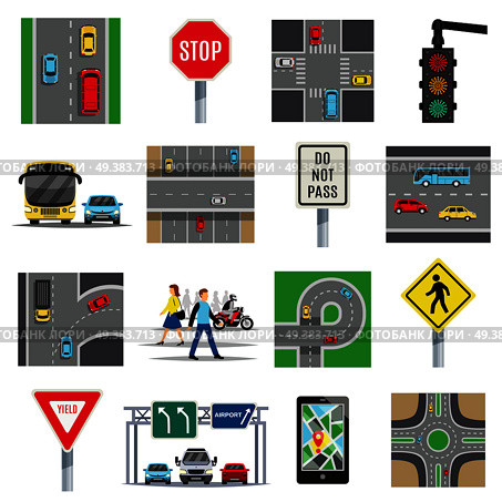 Traffic light signs and regulations roads intersections safety rules pedestrian crossing flat icons collection isolated vector illustration . Traffic Signs Flat Icons Collection . Стоковая иллюстрация, агентство Ingram Publishing / Фотобанк Лори