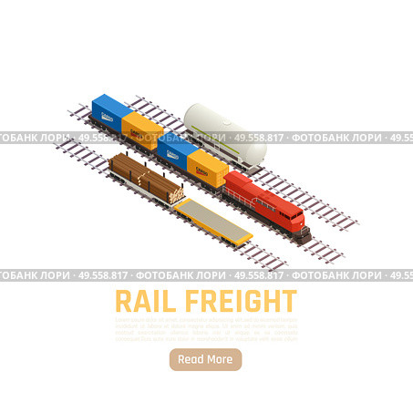 Train railway station isometric background with editable text read more button and goods train carriage images vector illustration. Стоковая иллюстрация, агентство Ingram Publishing / Фотобанк Лори
