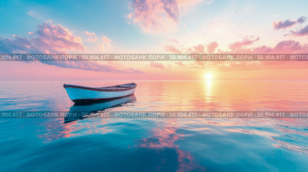 Tranquil Dreamscape: Solitary boat drifting on serene water, bathed in soft sunrise hues. Стоковое AI-изображение, AI-художник Данила Большаков / Фотобанк Лори