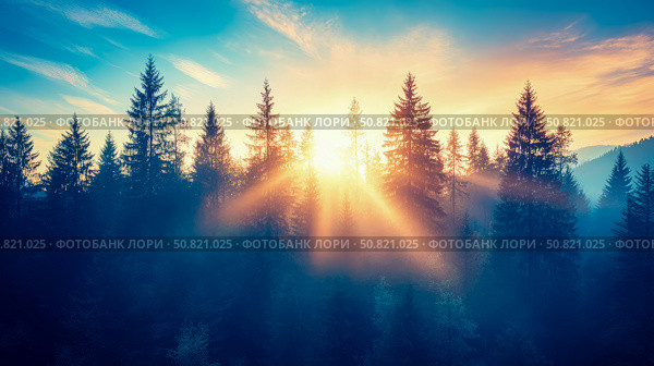 Tranquil Forest Sunrise: A warm light filters through the treetops in a mystic morning nature scene. Стоковое AI-изображение, AI-художник Данила Большаков / Фотобанк Лори