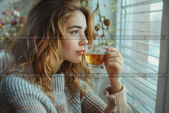 Tranquil woman enjoying tea by the window, lost in thought on a peaceful day. Стоковое AI-изображение, AI-художник Юрий Поздников / Фотобанк Лори
