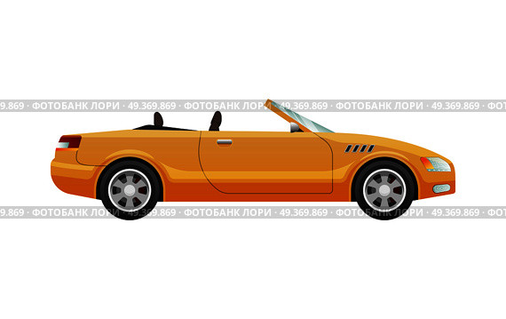 Transport. Picture of isolated yellow cabriolet. Fast mean of transportation. Four-wheeled auto in simple cartoon design. Without roof. Two doors. Side view. Front and back headlights. Vector. Transport. Picture of Isolated Yellow Cabriolet. Стоковая иллюстрация, агентство Ingram Publishing / Фотобанк Лори