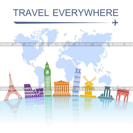 Travel agency spectacular worldwide sightseeing landmark tours concept poster with italian tower of pisa abstract vector illustration. Travel landmark concept poster print . Стоковая иллюстрация, агентство Ingram Publishing / Фотобанк Лори