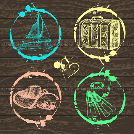 Travel and vacation stamp collection - for your design, scrapbook - in vector. Travel set with hand drawn illustrations. Стоковая иллюстрация, агентство Ingram Publishing / Фотобанк Лори