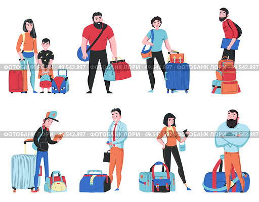 Travel bags set with tourism and trips symbols flat isolated vector illustration. Стоковая иллюстрация, агентство Ingram Publishing / Фотобанк Лори