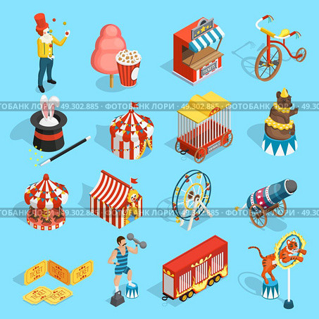 Travel Circus Isometric Icons Set . Travel chapiteau circus classic vintage isometric icons set with tent strongman magician and tiger isolated vector illustration . Стоковая иллюстрация, агентство Ingram Publishing / Фотобанк Лори