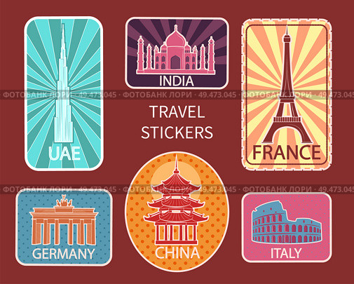 Travel stickers of different places of interest set vector. France and Germany, Italy and Berlin, historical buildings and constructions in cities. Travel Stickers of Different Places Set Vector. Стоковая иллюстрация, агентство Ingram Publishing / Фотобанк Лори