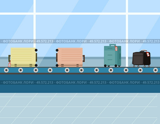 Travel suitcases on airport luggage carousel, airline flight conveyor check bag. Baggage reclaim area. Departure terminal. Vector illustration in flat cartoon style. Travel Suitcase on Airport Luggage Carousel Vector. Стоковая иллюстрация, агентство Ingram Publishing / Фотобанк Лори