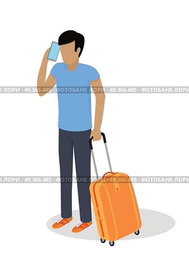 Traveler character icon. Man in casual clothes with trolley suitcase talking on phone template vector illustration isolated on white background. For travel concepts, app, logo, infographic design. Traveler Character Isometric Vector Icon. Traveler Character Isometric Vector Icon. Стоковая иллюстрация, агентство Ingram Publishing / Фотобанк Лори