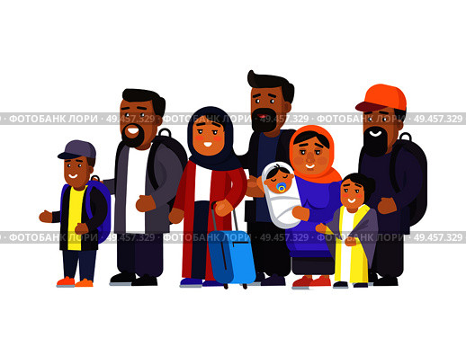 Travelers in good mood set, people standing with personal belongings looking in distance, waiting for their turn, muslims group vector illustration. Travelers in Good Mood Set Vector Illustration. Стоковая иллюстрация, агентство Ingram Publishing / Фотобанк Лори