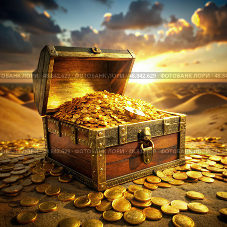 Treasure Chest Filled With Gold Coins at Sunset. Generative AI. Стоковое AI-изображение, AI-художник Roman Zavorotny / Фотобанк Лори