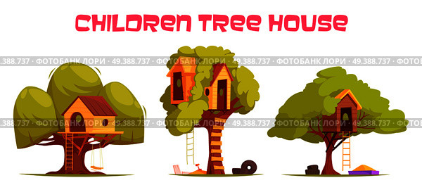 Tree houses between green foliage set with hanging ladder, swing and sand for play isolated vector illustration  . Tree Houses Set. Стоковая иллюстрация, агентство Ingram Publishing / Фотобанк Лори