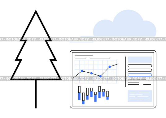 Tree outline beside data analytics dashboard displaying graphs and charts with cloud in background. Ideal for sustainability, environment, data analysis, climate change, conservation, renewable. Environmental data analytics dashboard with tree and cloud representing nature conservation efforts. Стоковая иллюстрация, агентство Ingram Publishing / Фотобанк Лори