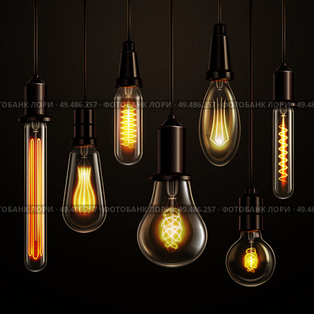 Trendy lighting design with retro style vintage looking soft glowing filament edison ligt bulbs variety vector illustration. Стоковая иллюстрация, агентство Ingram Publishing / Фотобанк Лори