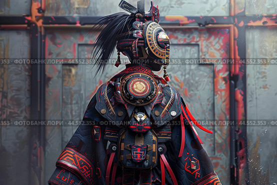 Tribal warrior in traditional armor with feathers. Стоковое AI-изображение, AI-художник Иван Рябоконь / Фотобанк Лори