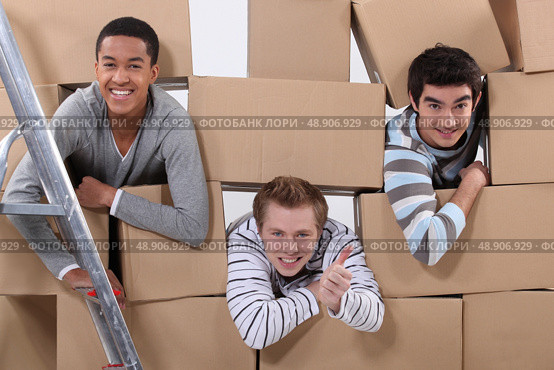 trio of male flatmates moving in. Стоковое фото, агентство Ingram Publishing / Фотобанк Лори