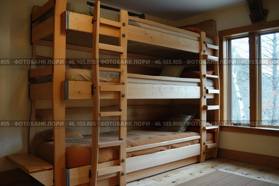Triple bunk bed stands in rustic log cabin bedroom. Стоковое AI-изображение, AI-художник Иван Рябоконь / Фотобанк Лори