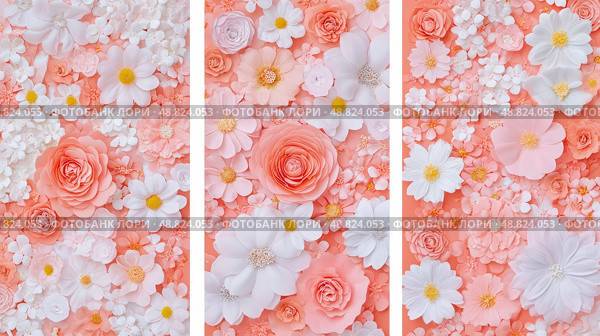 Triptych of Peach and White Paper Flowers: A Delicate Floral Arrangement. Стоковое AI-изображение, AI-художник Данила Большаков / Фотобанк Лори