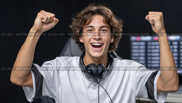 Triumphant male gamer wearing wireless headphones, celebrating competitive win with raised fists, expressing jubilant energy from successful esports tournament performance. Стоковое AI-изображение, AI-художник Юрий Поздников / Фотобанк Лори
