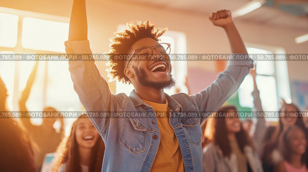 Triumphant Man Celebrating with Enthusiastic Crowd: A Portrait of Joy and Success. Стоковое AI-изображение, AI-художник Данила Большаков / Фотобанк Лори