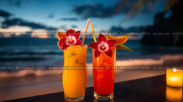 Tropical cocktails on the beach at sunset. Selective focus. Стоковое AI-изображение, AI-художник Васильева Юлия / Фотобанк Лори