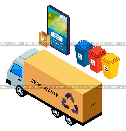 Truck, lorry, automobile with litter bags, garbage bins, application with zero waste station, ecology preservation, pollution prevention. Trash disposal business, utility service concept sketch. Truck, lorry, automobile with litter bags, garbage bins, application with zero waste station. Стоковая иллюстрация, агентство Ingram Publishing / Фотобанк Лори