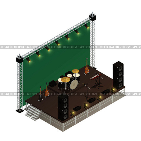Truss construction of stage for street performance with audio amplifiers electric  guitars and percussion instruments isometric vector illustration . Stage Isometric Vector Illustration . Стоковая иллюстрация, агентство Ingram Publishing / Фотобанк Лори