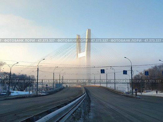 Центральный мост в городе Новосибирск. Четвертый мост. Башня или пилон с подвесами моста на площади инженера Будагова. The Central bridge in Novosibirsk. A tower or pylon with suspension bridges on Engineer Budagov Square. Стоковое фото, фотограф Денис Баданин / Фотобанк Лори