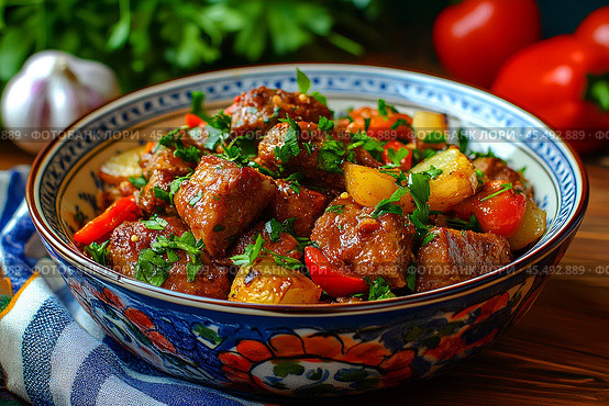 Тушеное мясо с овощами и зеленью. Стоковое AI-изображение, AI-художник Щеголева Ольга / Фотобанк Лори
