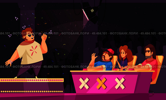 Tv singing talent show flat cartoon composition with contestant performing on podium spotlight jury onstage vector illustration. Стоковая иллюстрация, агентство Ingram Publishing / Фотобанк Лори