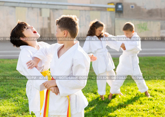Tweens mastering karate techniques in pairs on green lawn. Стоковое фото, фотограф Яков Филимонов / Фотобанк Лори