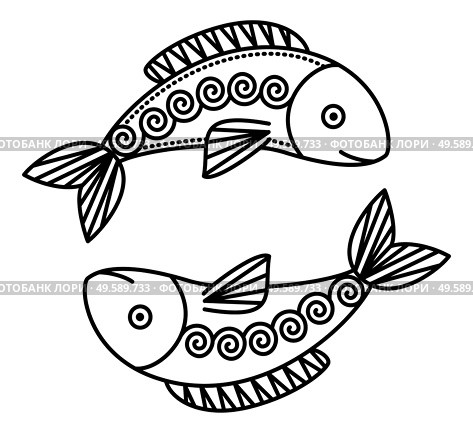 Twelfth astrological sign, pisces associated with constellation. Zodiac represented by symbol of two fishes. Outline drawing of aquatic animals on white background. Vector illustration in flat style. Astrological Pisces Sign, Symbol of Two Fishes. Стоковая иллюстрация, агентство Ingram Publishing / Фотобанк Лори
