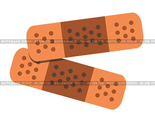Two adhesive bandages color of skin tone flat vector illustration isolated on white background. Breathable fabric sticky plasters for cuts and shallow injuries. First aid kit item. Стоковая иллюстрация, агентство Ingram Publishing / Фотобанк Лори