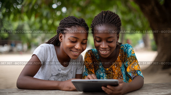 Two African girls sharing a tablet to study together outside under a tree in an educational environment. Black African children from disadvantaged families study in school, read books, receive primary education, volunteer service. Стоковое AI-изображение, AI-художник ALLA YURTAYEVA / Фотобанк Лори