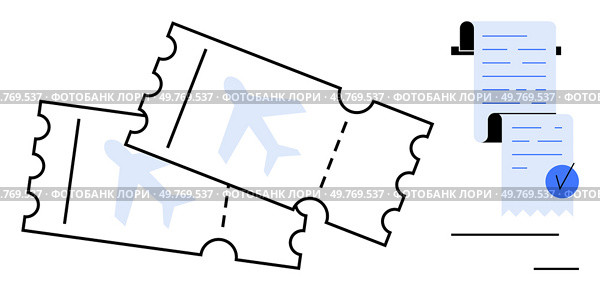 Two airline tickets with airplane icons alongside a receipt with a checkmark. Ideal for travel planning, ticket booking, flight verification, airline services, holiday preparation. Minimalist vector. Airline Tickets and Itinerary Receipt with Flight Information and Verification. Стоковая иллюстрация, агентство Ingram Publishing / Фотобанк Лори