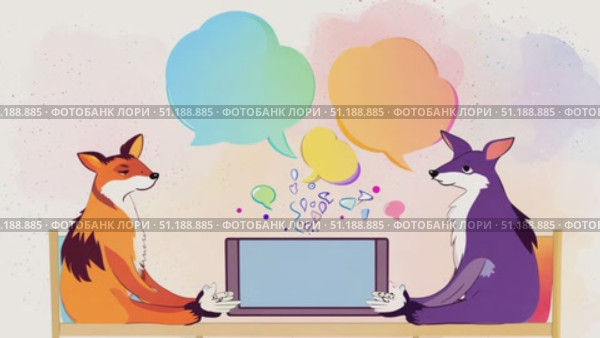 Two animated foxes sit at a table, calmly conversing with each other in a colorful and serene atmosphere. Стоковое AI-видео, аниматор Данила Большаков / Фотобанк Лори