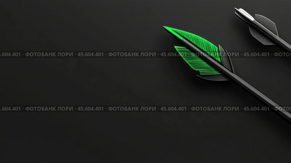 Two arrows with green fletching on a sleek black background, AI. Стоковое AI-изображение, AI-художник Сергей Старуш / Фотобанк Лори