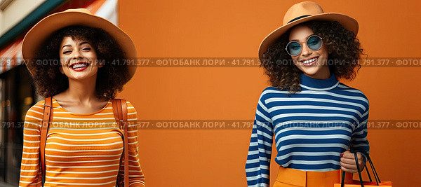 Two beautiful brunette with curly hair in sunglasses posing in front of the camera in a yellow studio. Стоковое AI-изображение, AI-художник Ярославский Максим / Фотобанк Лори