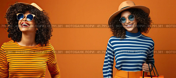 Two beautiful brunette with curly hair in sunglasses posing in front of the camera in a yellow studio. Стоковое AI-изображение, AI-художник Ярославский Максим / Фотобанк Лори