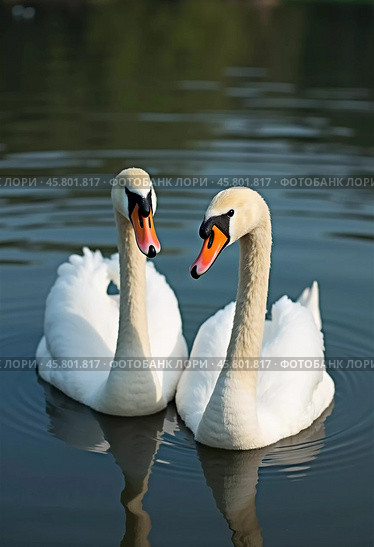 Two beautiful swans swim together in tranquil water, reflecting their graceful forms as morning light. Swans Cygnus are a genus of birds from order Anseriformes of the duck family. Generative AI. Стоковое AI-изображение, AI-художник Юлия Петровская / Фотобанк Лори