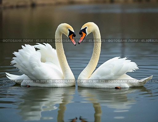 Two beautiful swans swim together in tranquil water, reflecting their graceful forms as morning light. Swans Cygnus are a genus of birds from order Anseriformes of the duck family. Generative AI. Стоковое AI-изображение, AI-художник Юлия Петровская / Фотобанк Лори