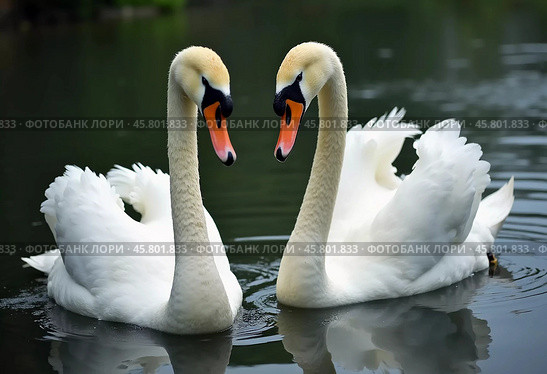 Two beautiful swans swim together in tranquil water, reflecting their graceful forms as morning light. Swans Cygnus are a genus of birds from order Anseriformes of the duck family. Generative AI. Стоковое AI-изображение, AI-художник Юлия Петровская / Фотобанк Лори