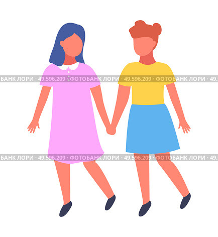 Two best friends girls holding hands. Vector illustration about friendship isolated on white. Children walk together on the playground. Friendship of children in kindergarten or junior school. Two best friends girls holding hands. Vector illustration about friendship isolated on white. Стоковая иллюстрация, агентство Ingram Publishing / Фотобанк Лори