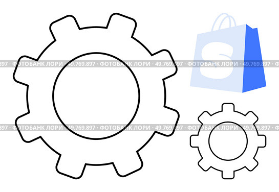 Two black gears and a blue shopping bag with an S depict the combination of technology and commerce. Ideal for e-commerce tools, online shopping, digital stores, tech solutions, and retail. Gears and Shopping Bag Symbolizing E-commerce and Technology Integration. Стоковая иллюстрация, агентство Ingram Publishing / Фотобанк Лори